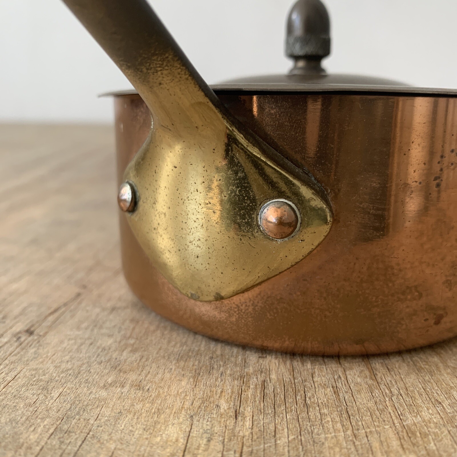 Antique Vintage Copper & Brass Handled Tin Lined Small Lidded Pan Cookware Decor