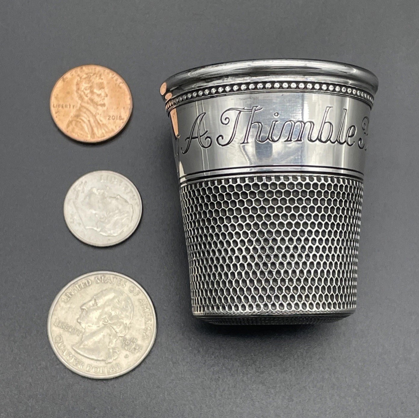 Thomae Co Sterling Silver “Only a Thimble full” Shot Glass No Monogram Barware