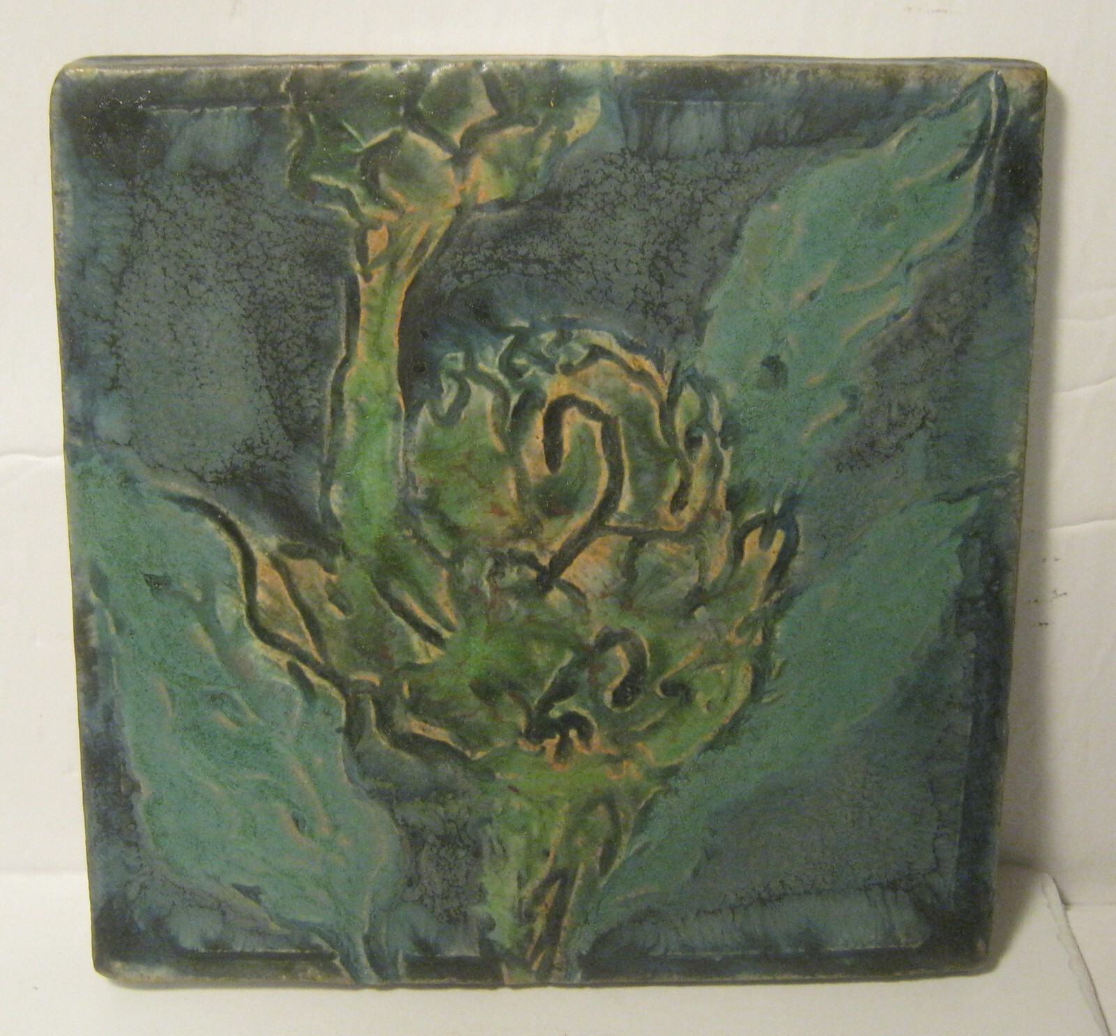 FABULOUS Antique Abstract Impressionistic Art Tile OSTRICH? Blues & Greens!!