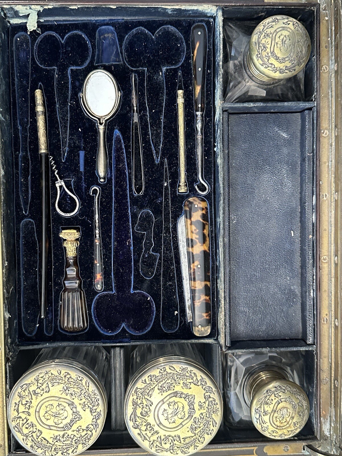 Antique 19th Century French Toilet Box with Silver Pieces