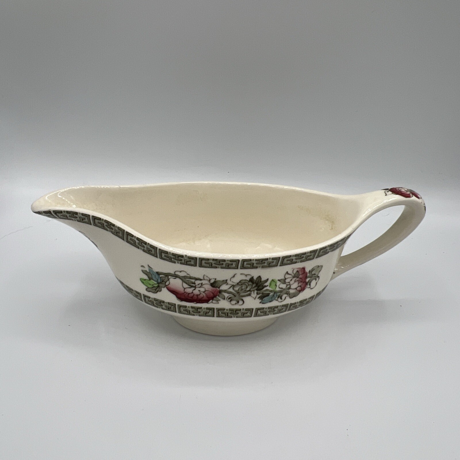 Vintage Johnson Bros. England Indian Tree Gravy Boat Green Key Off White 8.5×3.5