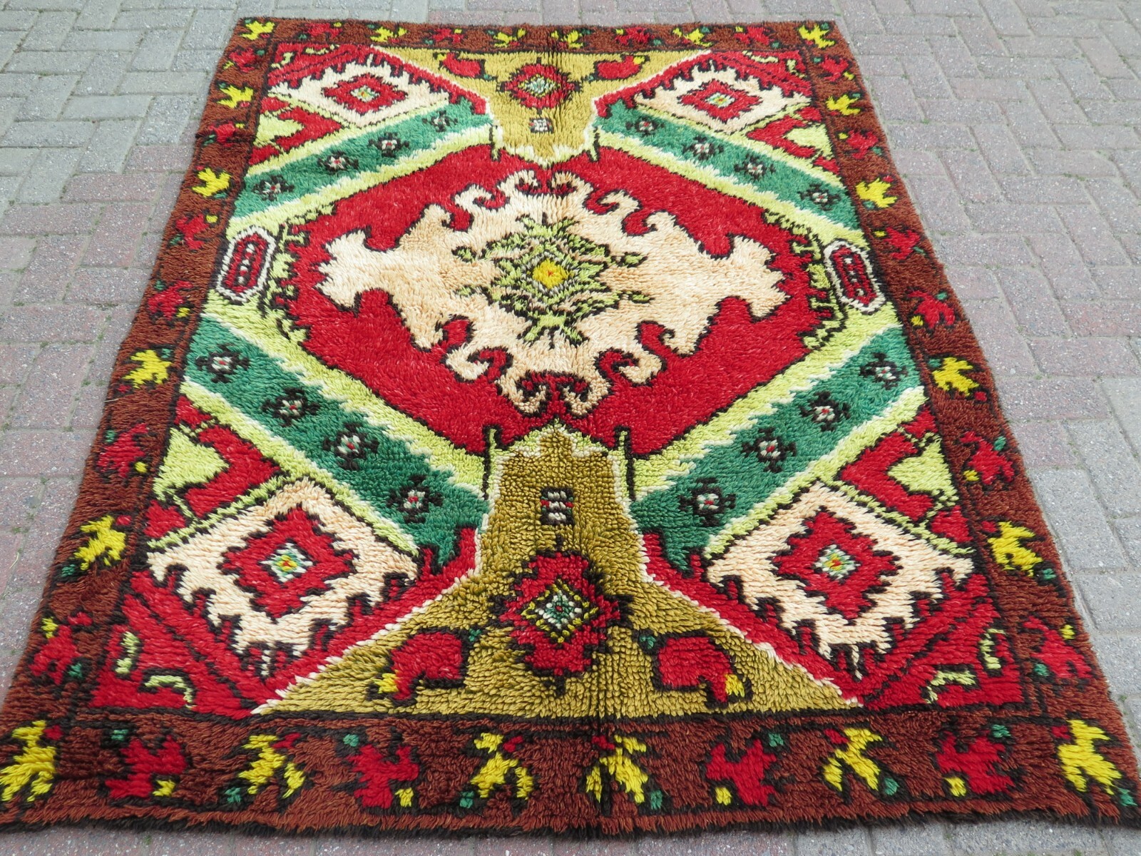Vintage Turkish Shaggy Rug, Mohair Carpet Long Hair Rug Red Green Carpet 60″x79″