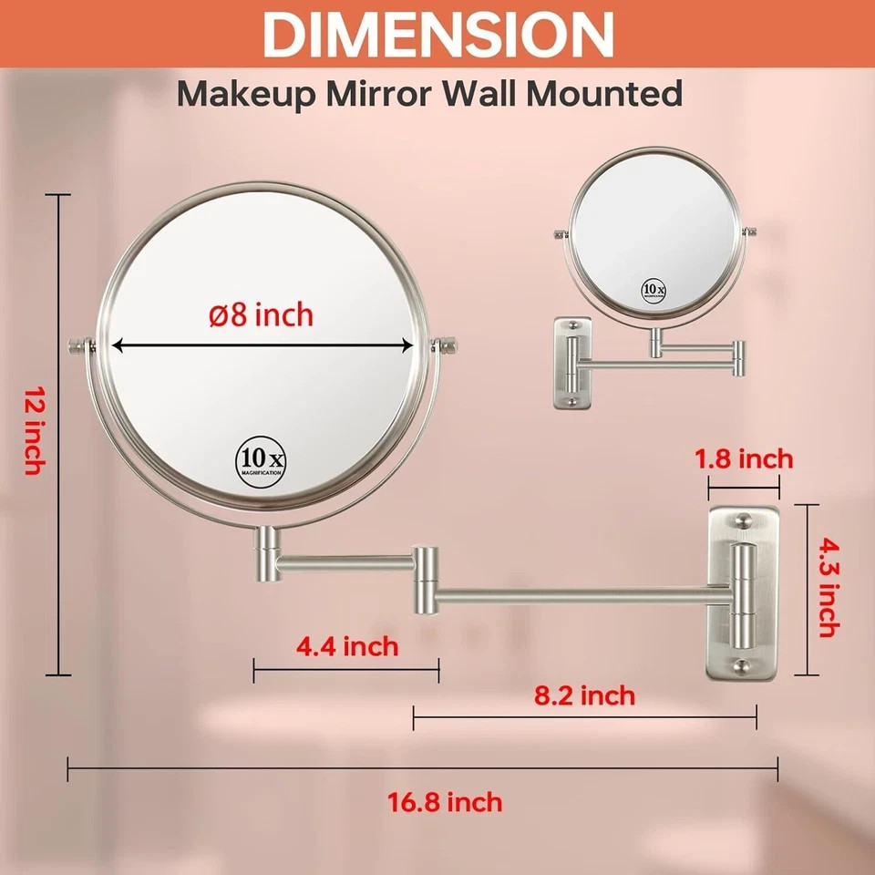 Wall Mounted Makeup Mirror 10X Magnifying 360 Swivel Brush Nickel Finish