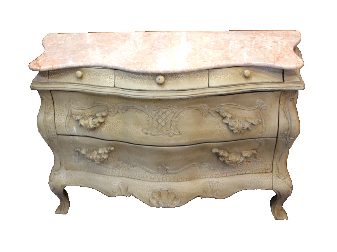 French Antique Painted Louis XV Chest | Marble Top | Carved Drawers & Curves
