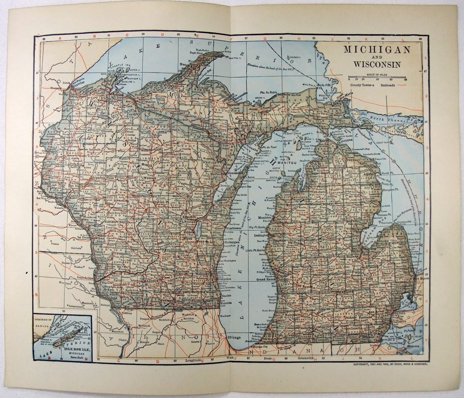 Michigan & Wisconsin – Original 1903 Map by Dodd Mead & Company. Antique
