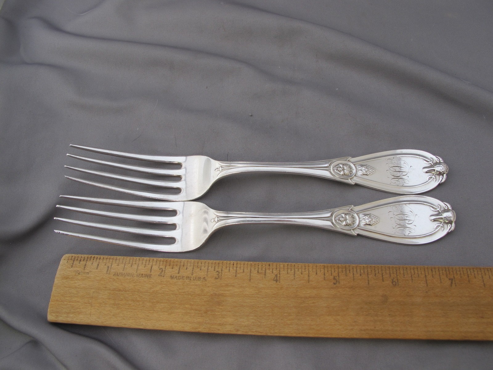 PAIR Henry Hebbard for TIFFANY & Co GRECIAN (1862) LUNCHEON FORKS 7 1/4 In-Mono