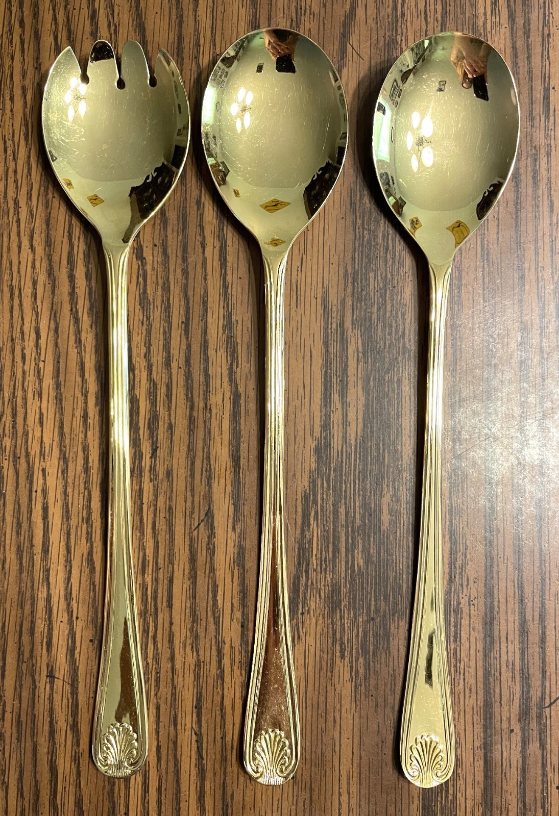 Sheffield W.A. England Gold Colored Serving Salad Spork & Spoon 3 Pc Set Shell