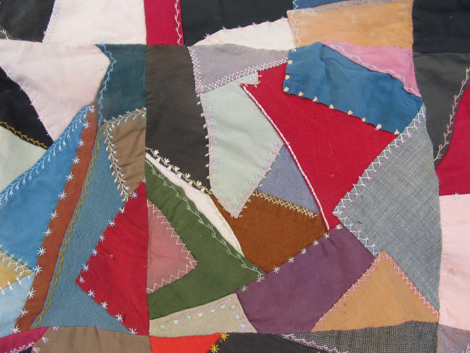 COLORFUL Antique Handmade Patchwork & HIGHLY EMBROIDERED “CRAZY” Quilt, 1890