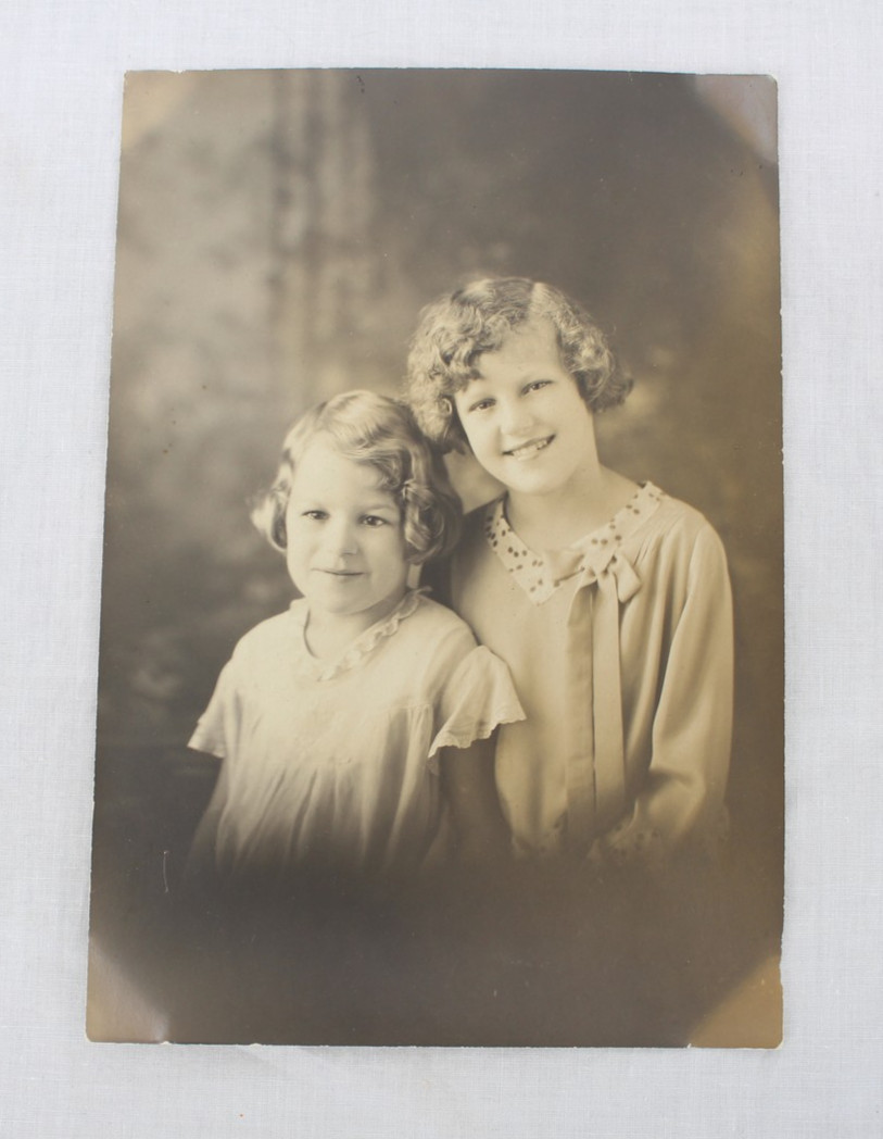 Vintage 1920s Sepia Photograph Sisters Portrait Curl Hair Antique Photo Art
