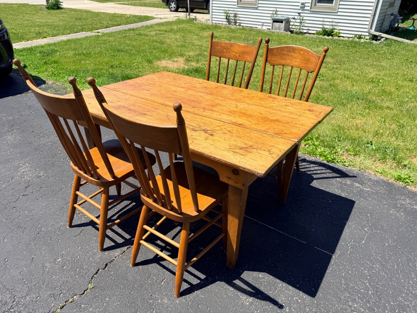 Antique 1880s Primitive Pine Farmhouse Table | Country Kitchen Dining Table w/ 4