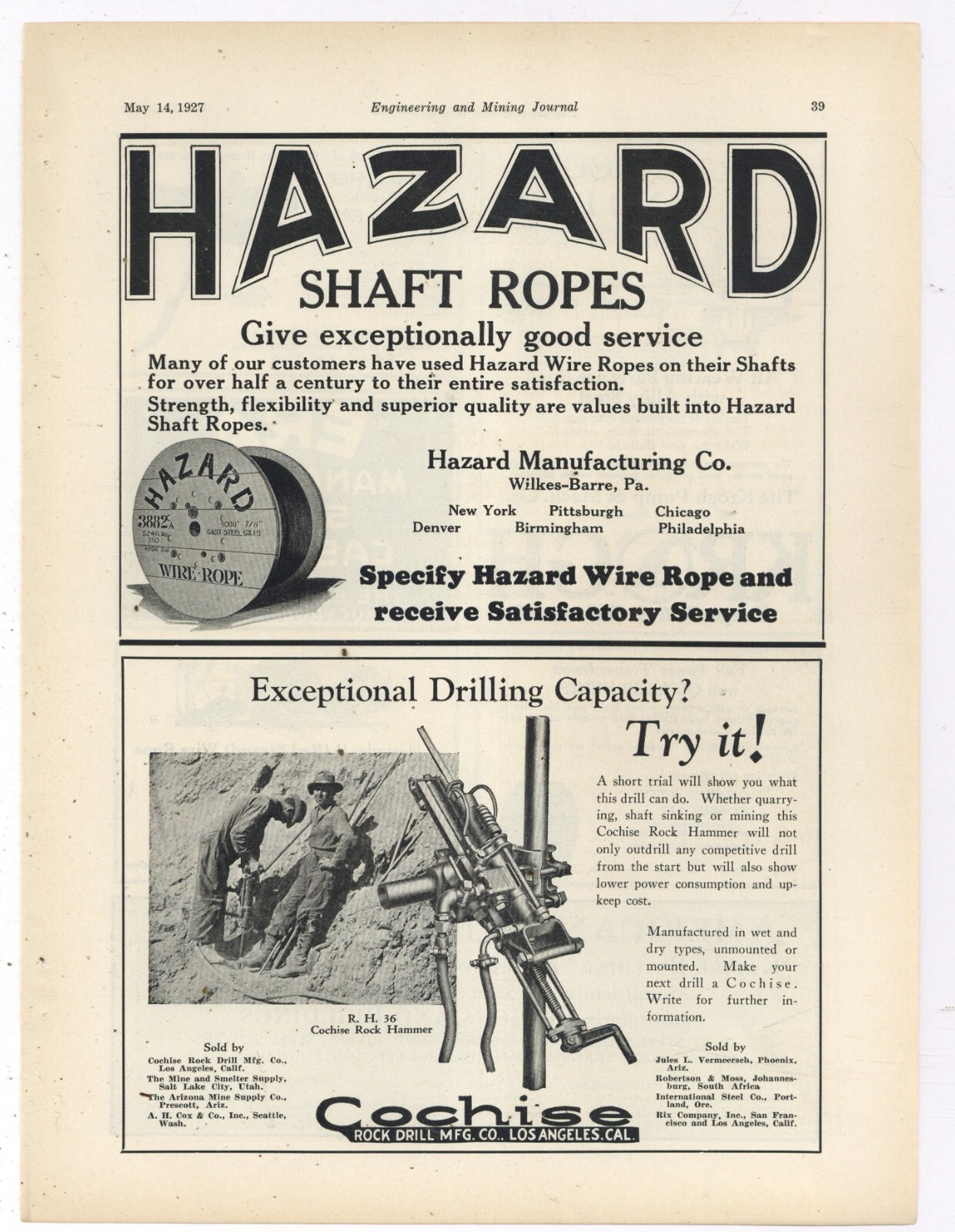 1927 Cochise Rock Drill Mfg. Co. Ad: R.H. 36 Cochise Rock Hamer Pictured. LA CA