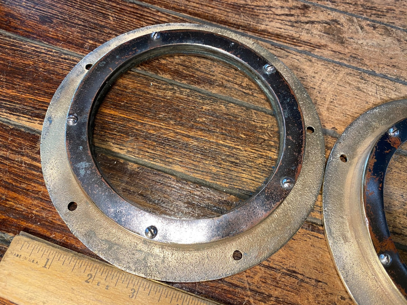 Pair(2) Vintage Polished Bronze Fixed Ports or Deck Deadlight 7 1/2″ OD 5″ Glass