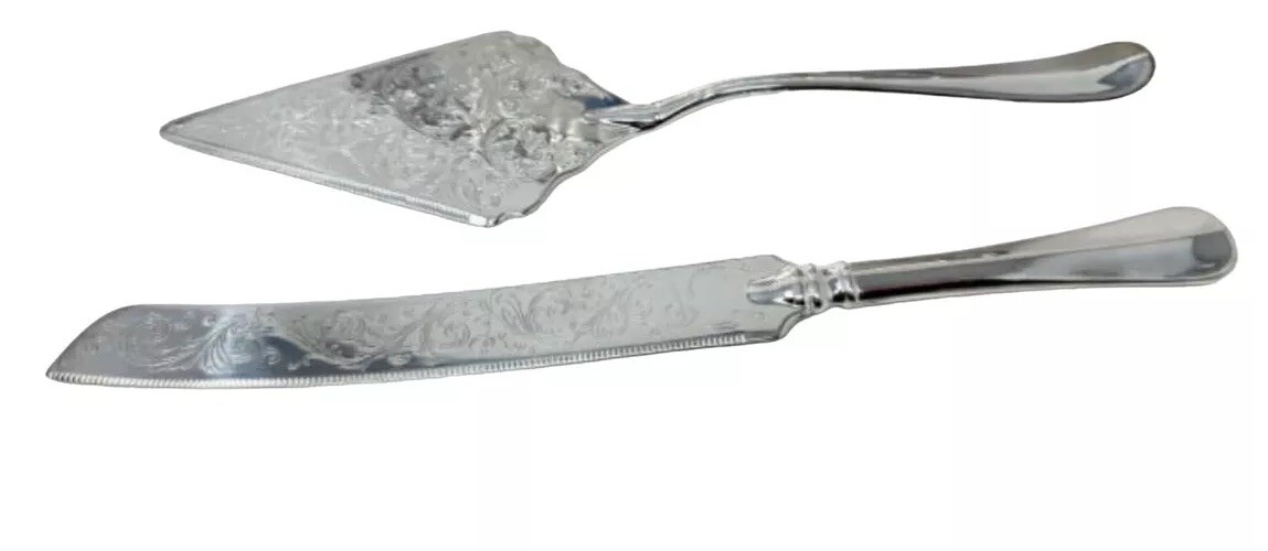 EP Zinc Silver Plated Cake Knife & Server Set Etched Wedding Birthday Party Nice