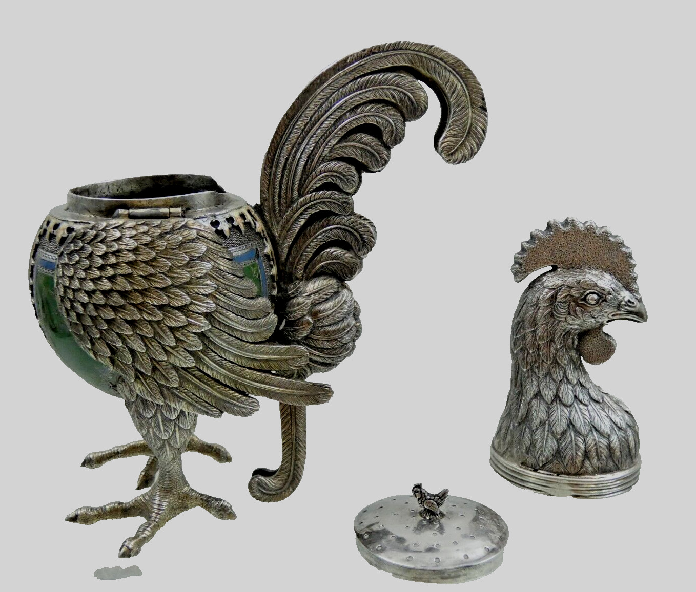 ANTIQUE SILVER ENAMEL SPICE CONTAINER BESAMIM HAVDALAH JUDAICA Figural Rooster