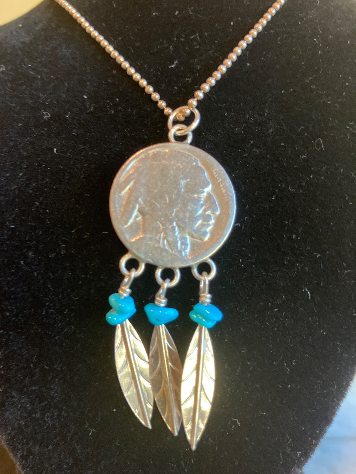 VINTAGE STERLING SILVER CHAIN BUFFALO NICKEL NECKLACE TURQUOISE NUGGET DANGLES