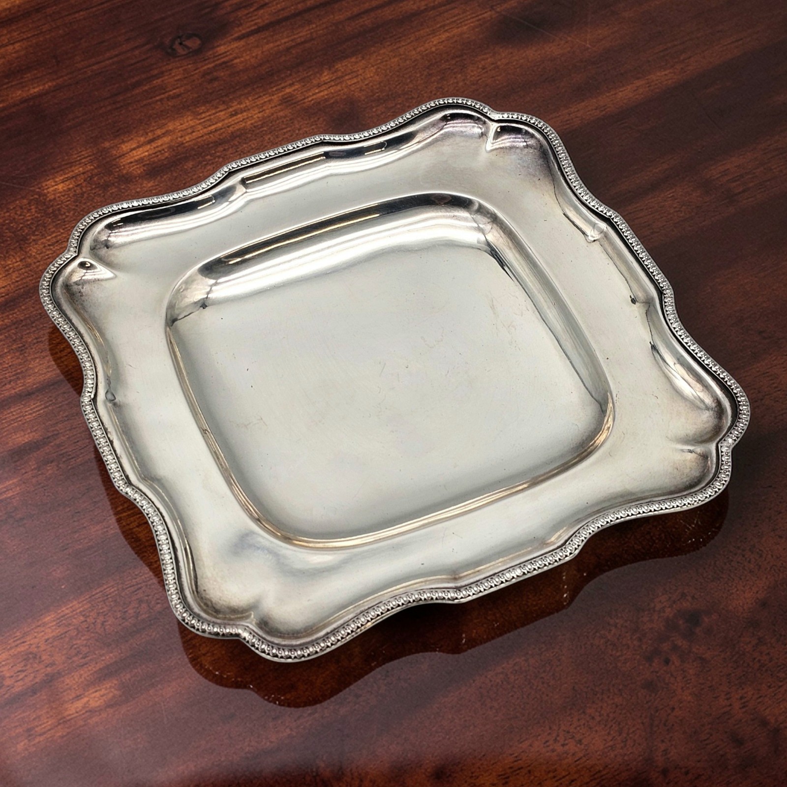Vintage French Style Silverplate Tray Scalloped Beaded Rim Claw Feet 12″