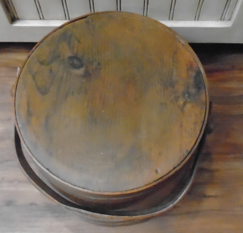 Handsome antique 3-Banded Wooden Firkin Bucket with Lid 10 ½” bottom 10″ high