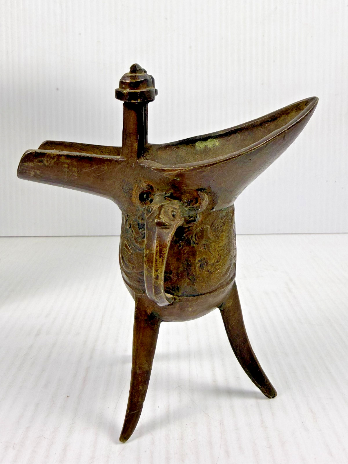 Vintage Chinese Bronze Jue Tripod Ritual Wine Vessel