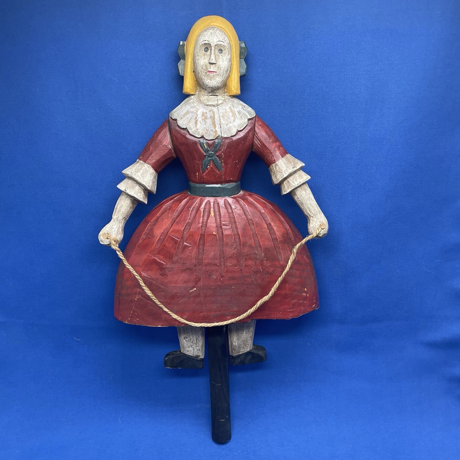 Vintage Folk Art Hand Carved Sculpture Girl With Red Dress Jump Rope 12x8in 2Lbs
