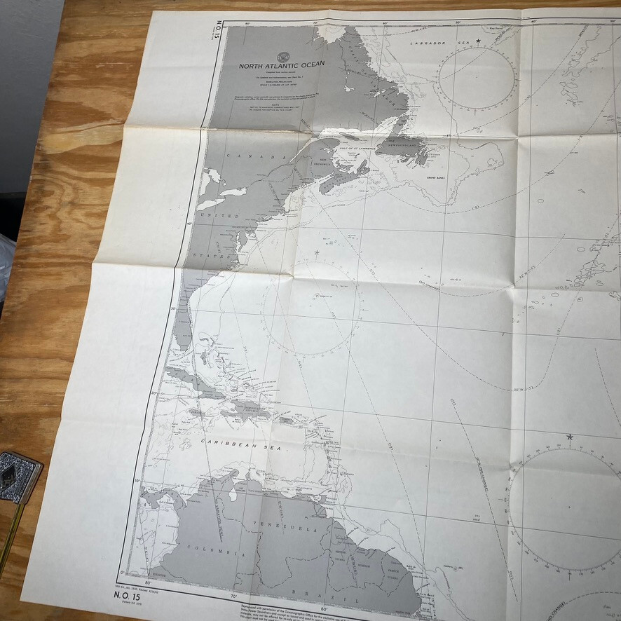 1962 US NAVY HYDROGRAPHIC NAUTICAL MAP CHART 15 North Atlantic Ocean 44×33.5