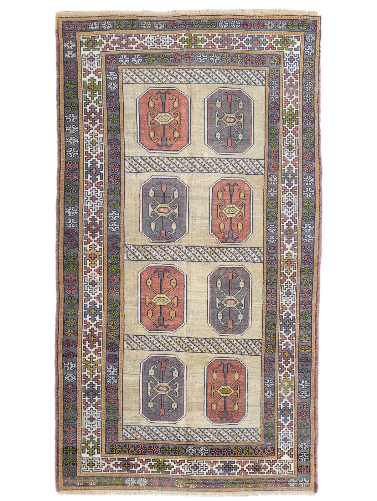 Faded Geometric Fine Oushak Turkish Vintage Area Rug 5×9 ft Hand-knotted Carpet