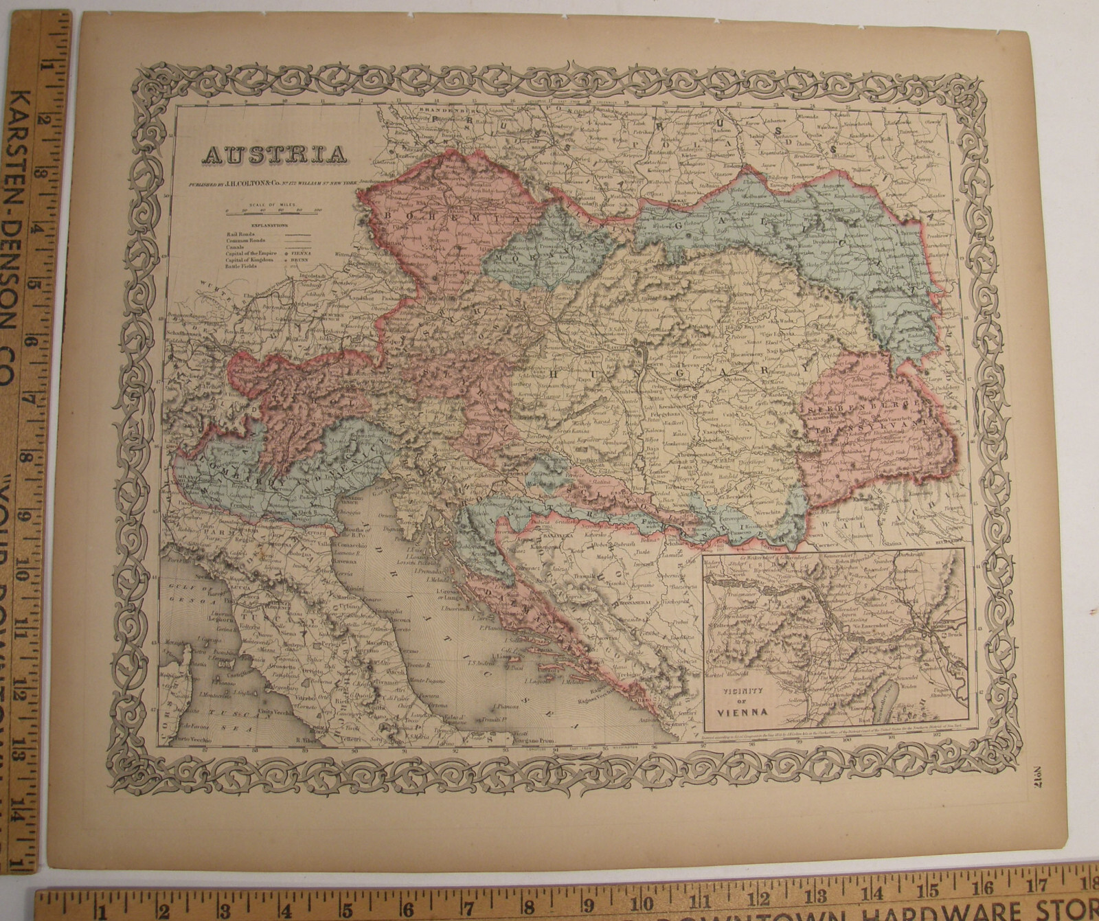 ANTIQUE 1859 COLTON’S ATLAS HAND COLORED ENGRAVING MAP AUSTRIA W/INSET OF VIENNA