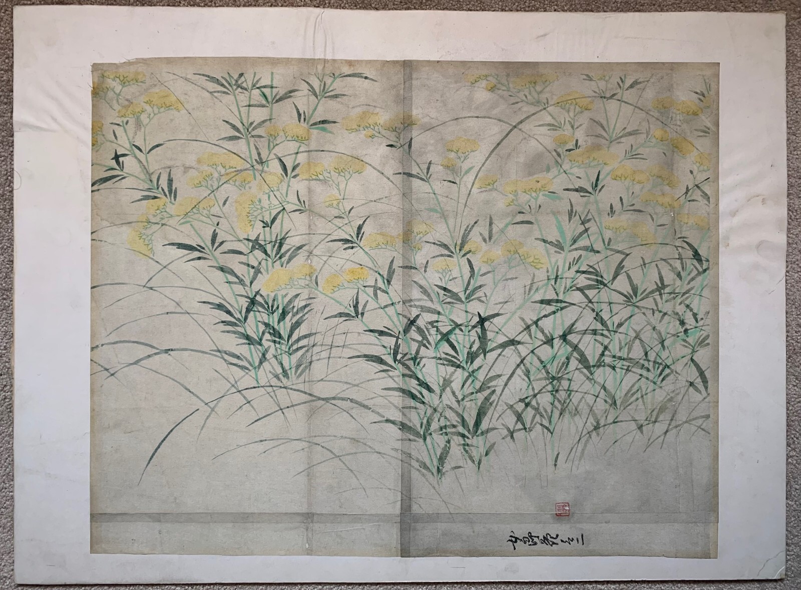 Original Antique Japanese Painting Floral Diptych 1860s Signed and Stamped