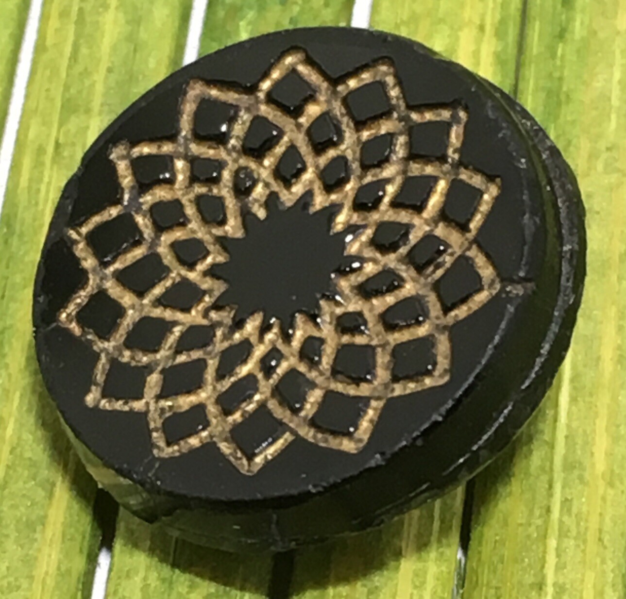 Antique Jet Black Glass Button Gold Foil Embedded Geometric Tunnel Shank 5/8″