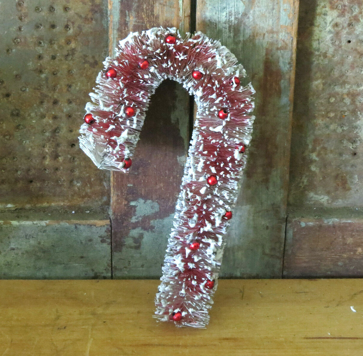 Bottle Brush Candy Cane Christmas Tree LG Ornament Red White Vintage Style