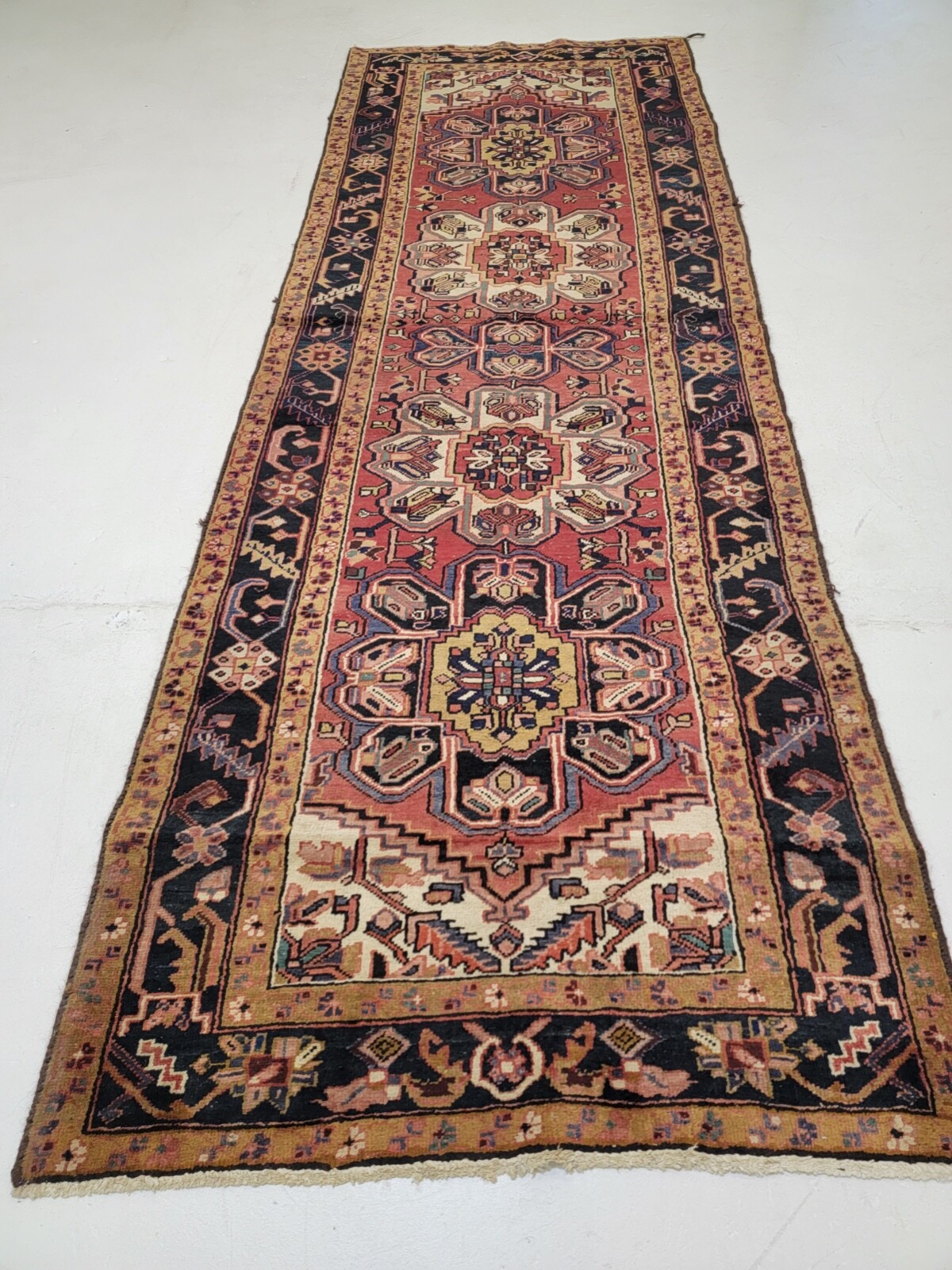 Antique Oriental Hand-Knotted Wool Runner Red/Ivory/Navy Blue/Gold 3’6″ x 10’1″