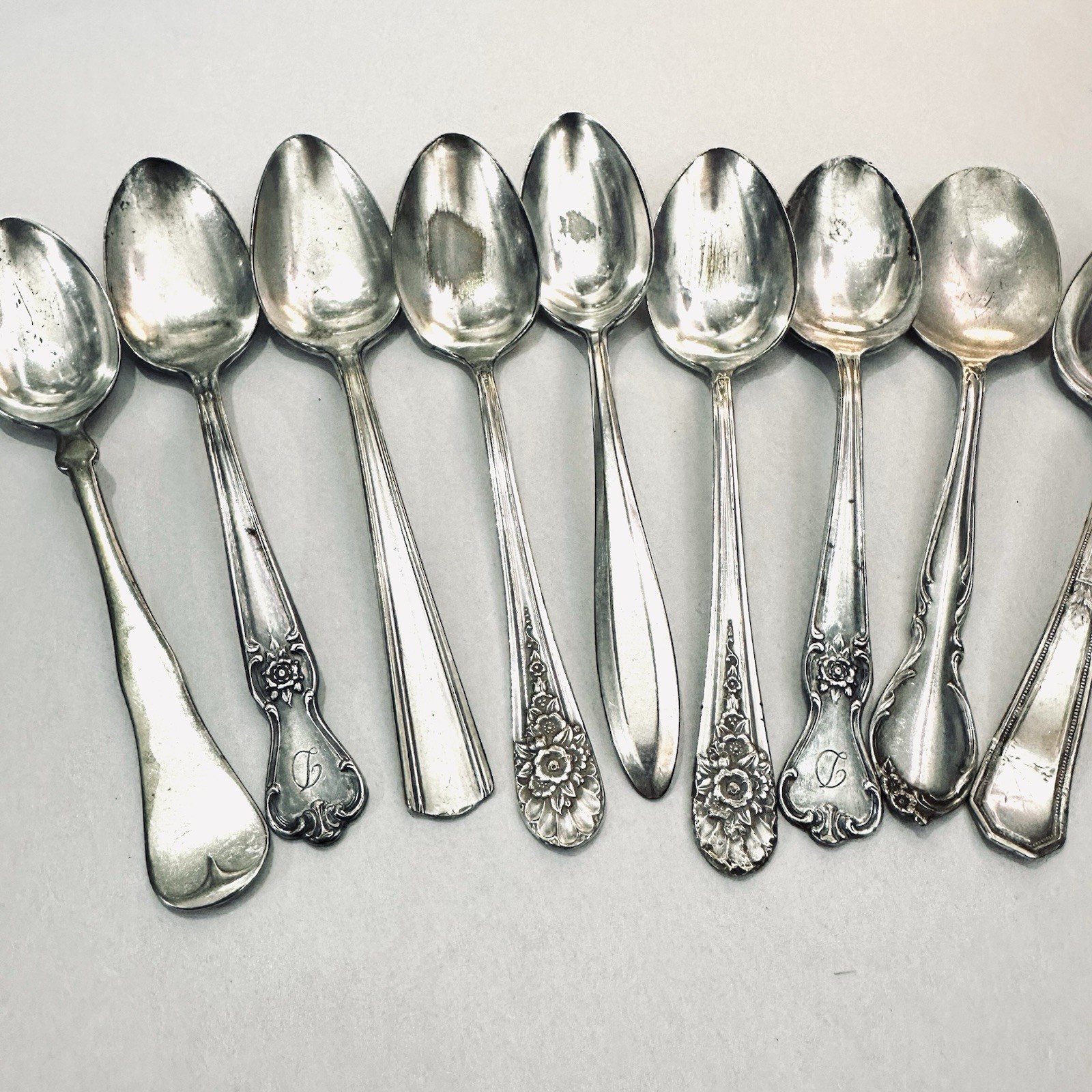 9 Silverplate Teaspoons Flatware Silverware Arts Crafts use Mixed Mismatched vtg