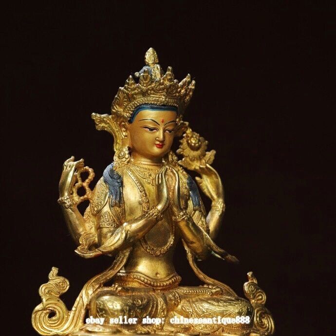 7.8″ Old Nepal Bronze Gild Painting 4 Arms Kwan-yin Chenrezig Buddha Statue