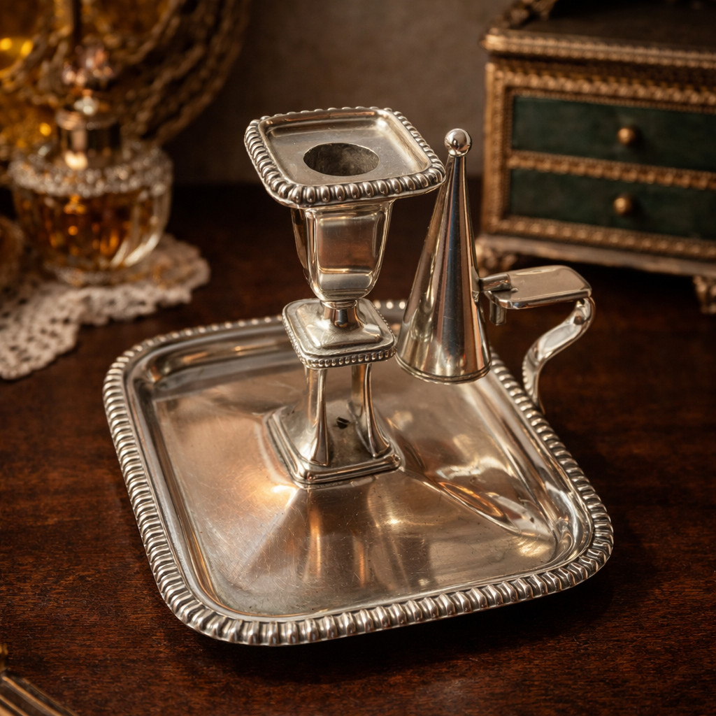 Silver on Copper candlestick, Chamberstick & Snuffer. Antique c.1890–1910