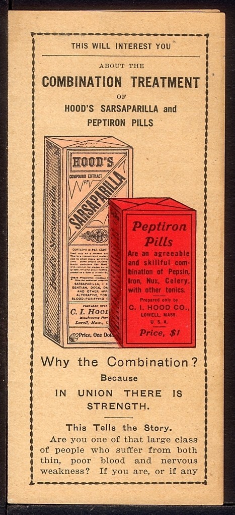 1895 Lowell HOOD’S SARSAPARILLA & PEPTIRON PILLS Advertising Folder Cure Remedy