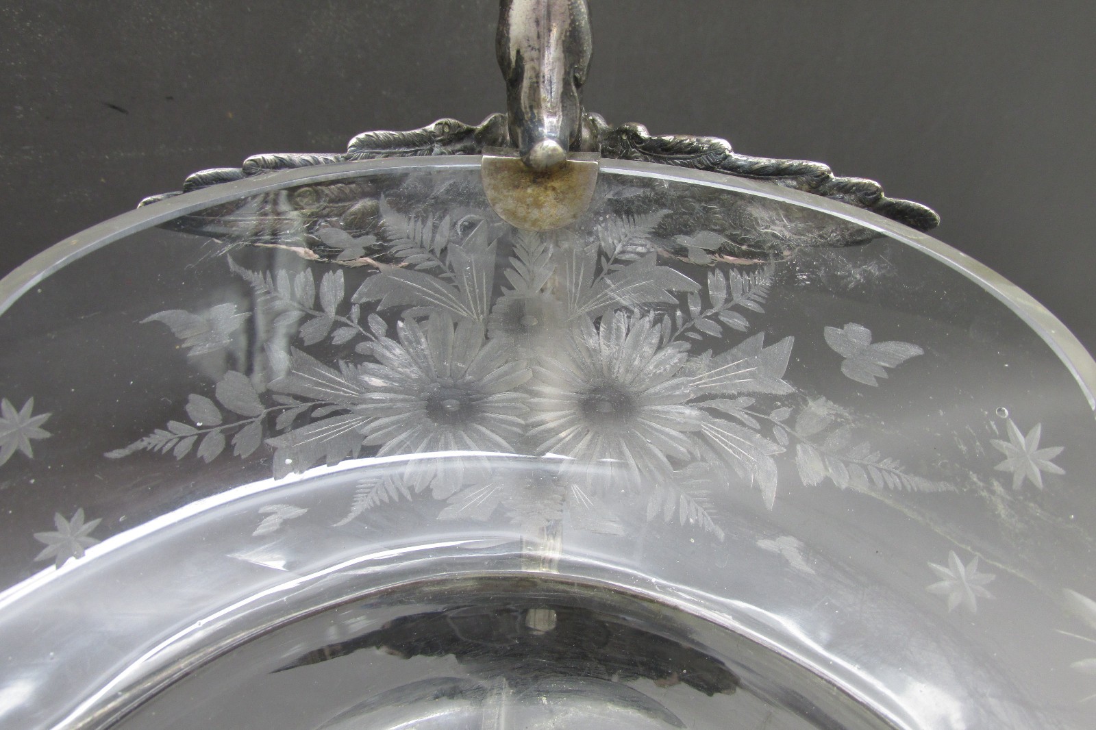 ANTIQUE LARGE SOLID SILVER & ETCHED GLASS TABLE CENTER PIECE 30CM 830g c1880