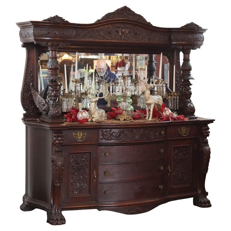 Monumental Antique RJ Horner Heavily Figural Winged Griffin Carved Oak Sideboard