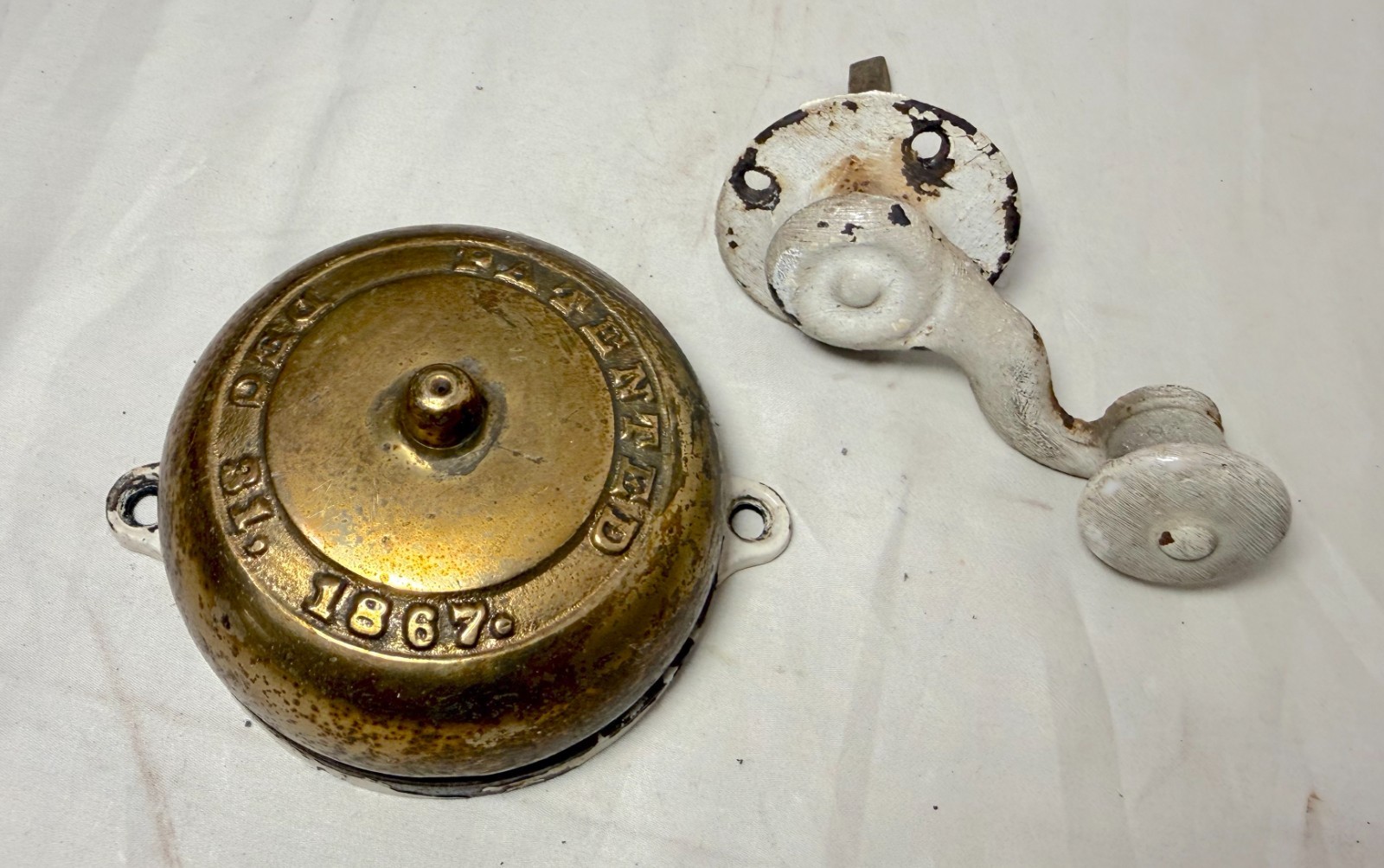 Rare antique patented 1867 brass crank hand wind front door bell 19th century