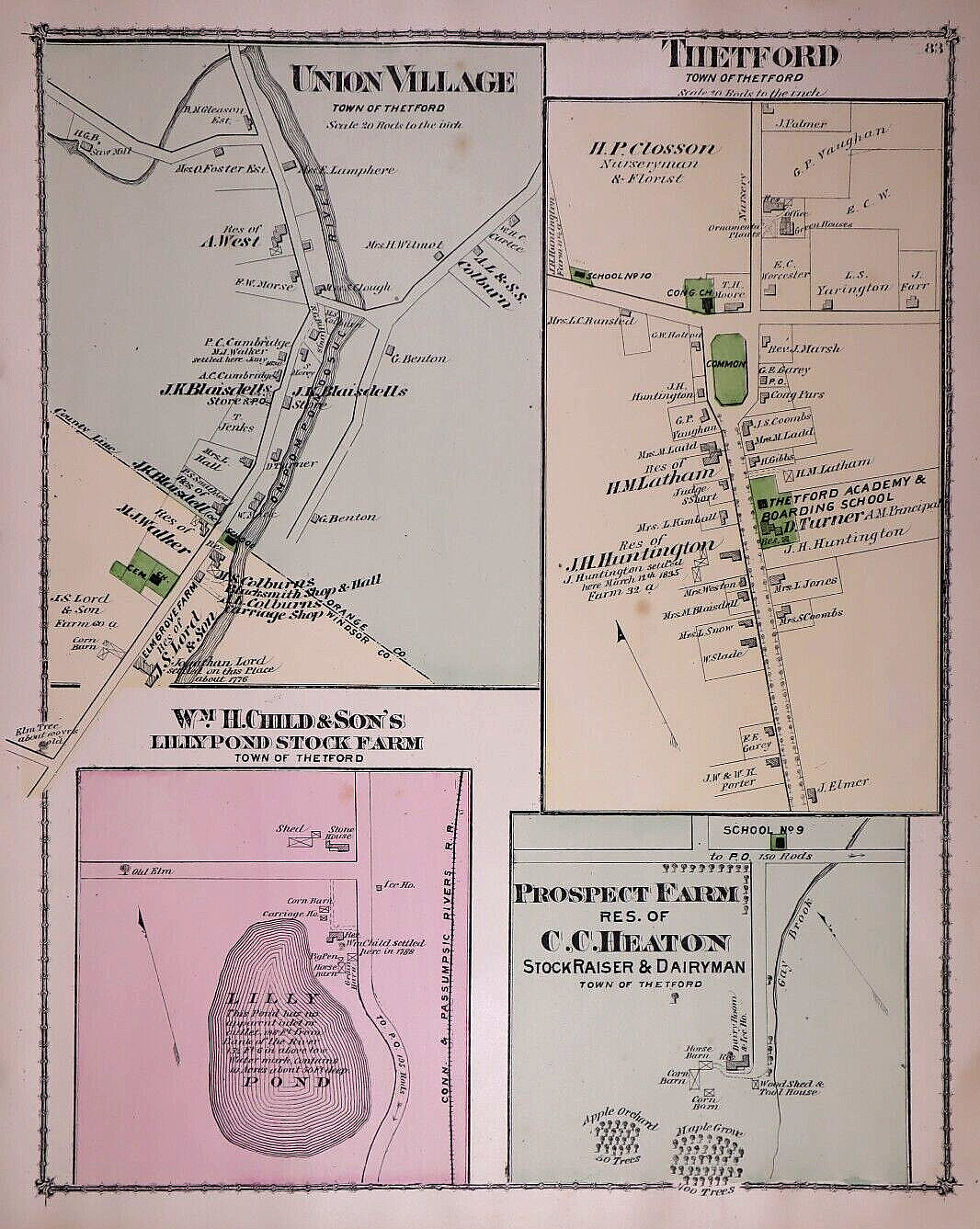 1877 Plat Map ~ UNION VILLAGE, THETFORD, LILLY POND, ORANGE Co., VT (12×15)-#022