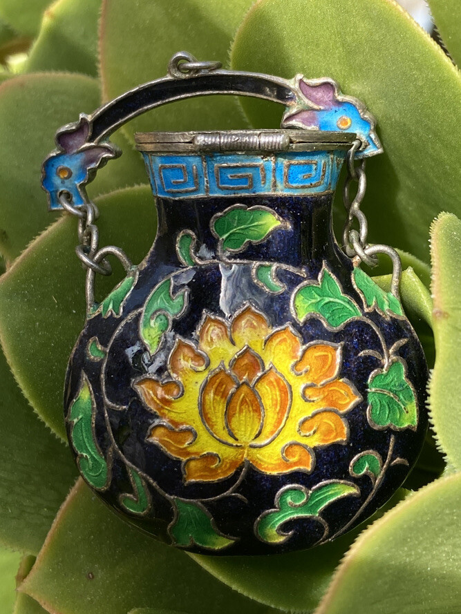 Rare ANTIQUE Silver Enameled Black Green Yellow Amphora CHINESE Pendant