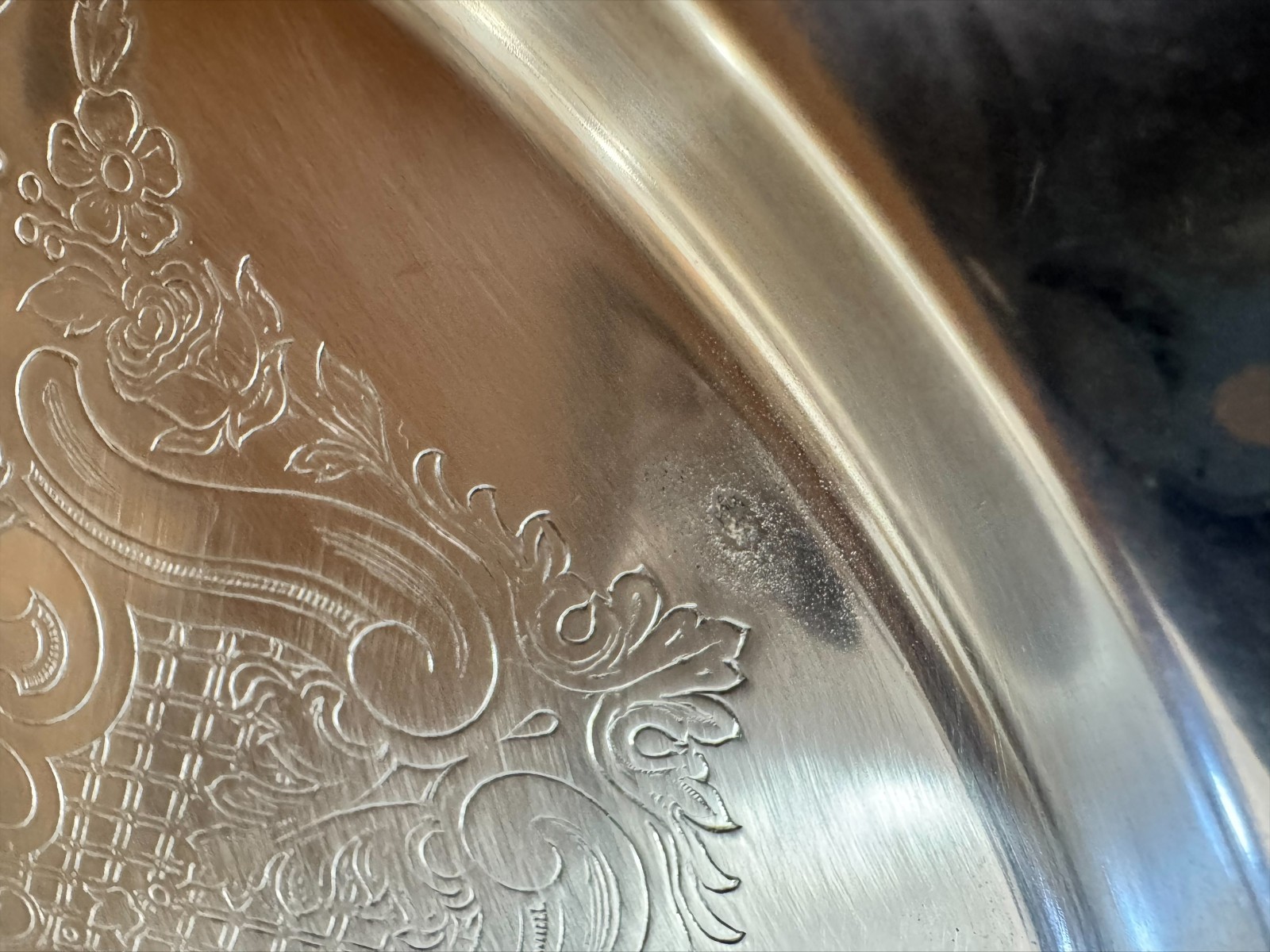 Silverplated Round Serving Tray Ornate Scroll Edge Etched Floral Center 14.5″