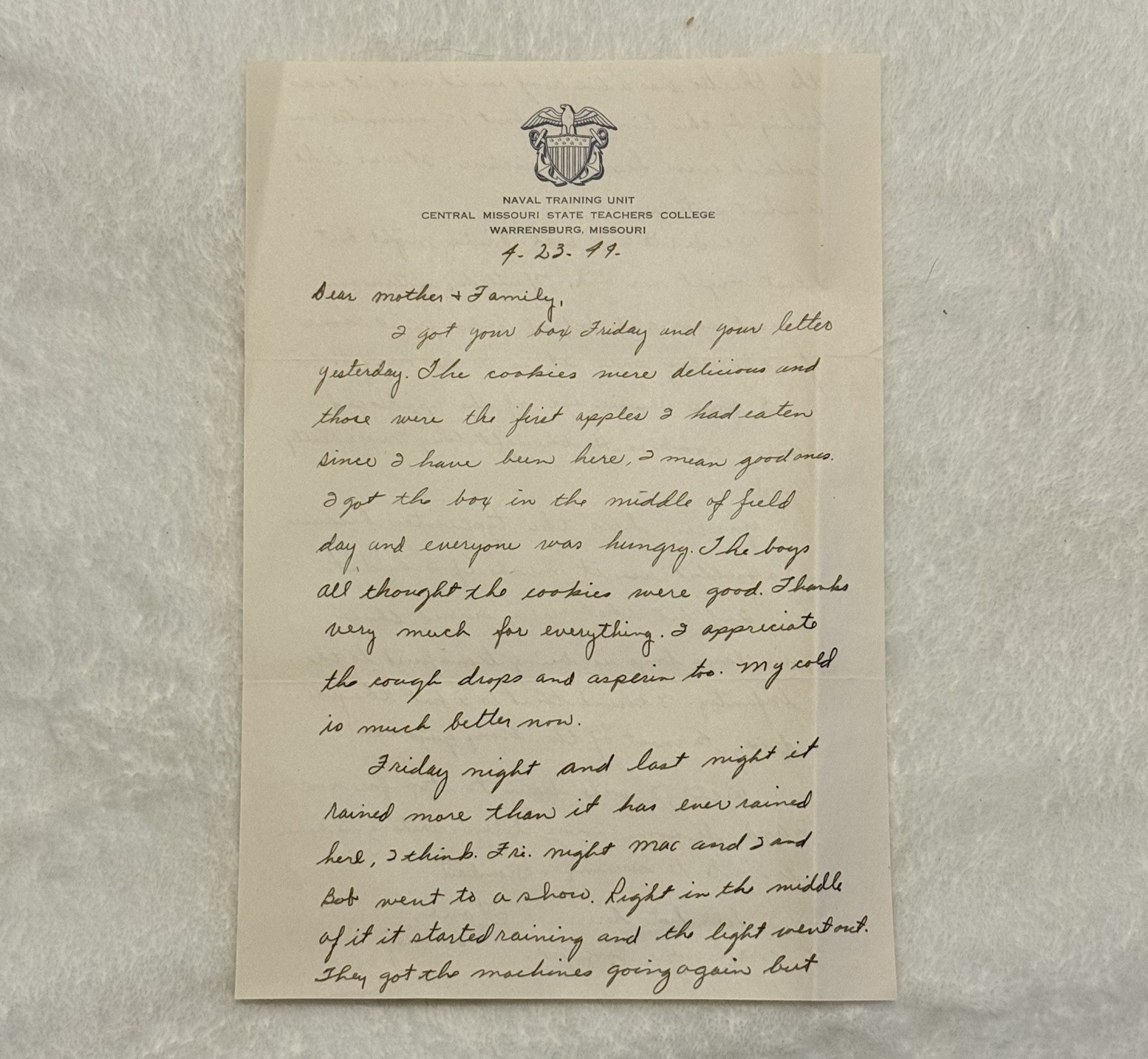 WWII 1942 Navy Training Unit Handwritten Letter Central Missouri State Teachers