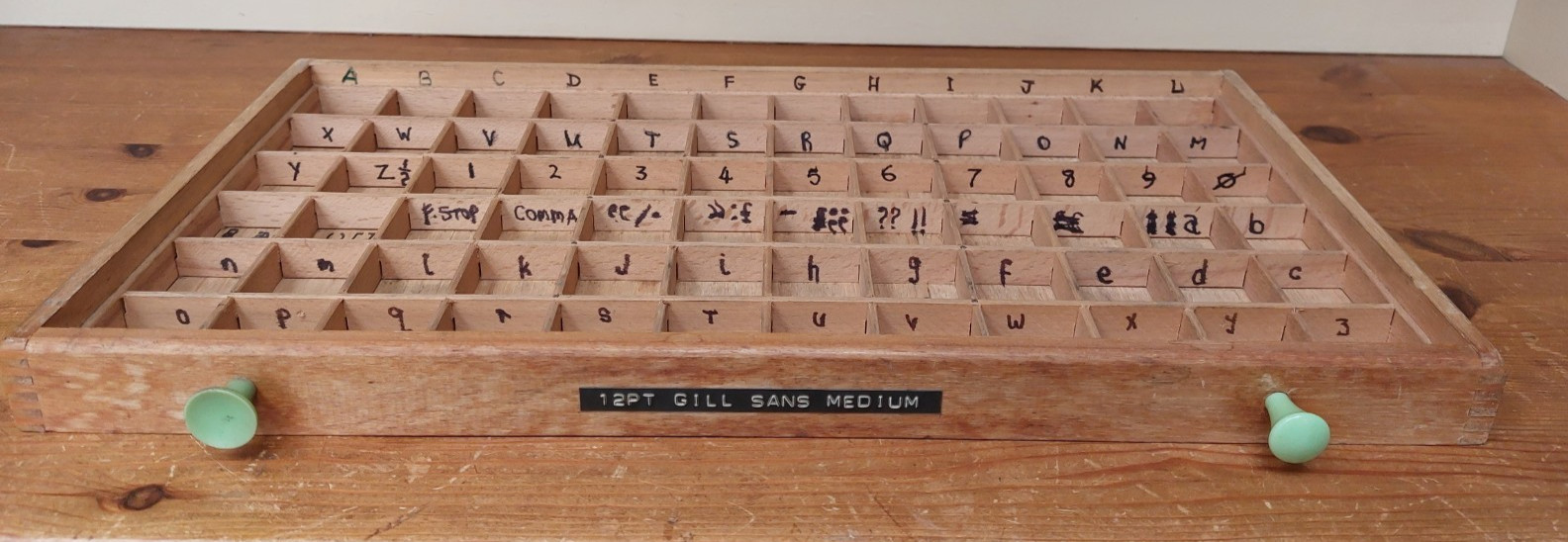 Small vintage wooden printers tray A, divided letterpress drawer, 48cm