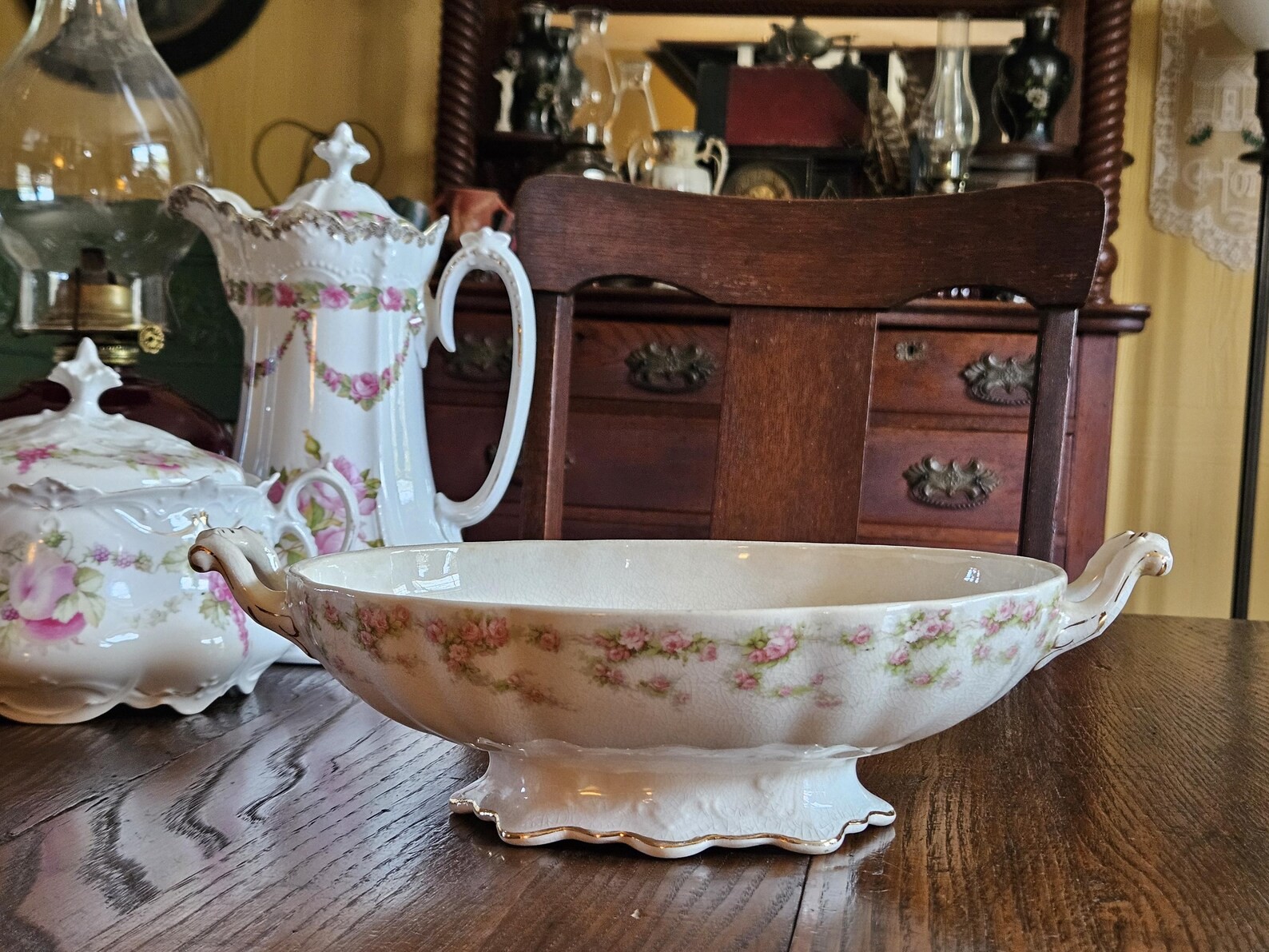 Antique Mercer Pottery Vegetable Dish, Vintage Oval Shaped China Serving Bowl