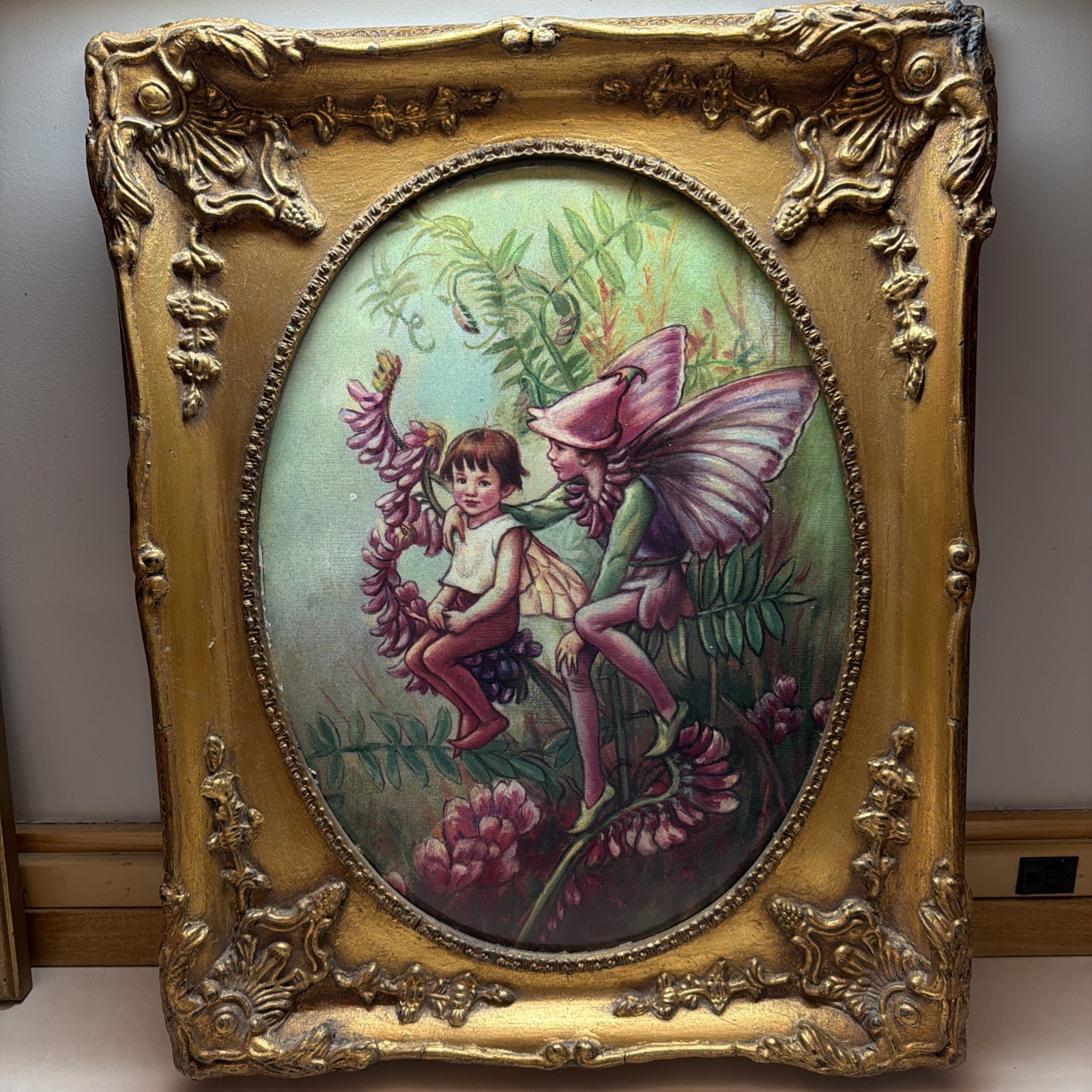 Rare 1920 Minton Flower Fairies Tile Gold Framed Large 20×16