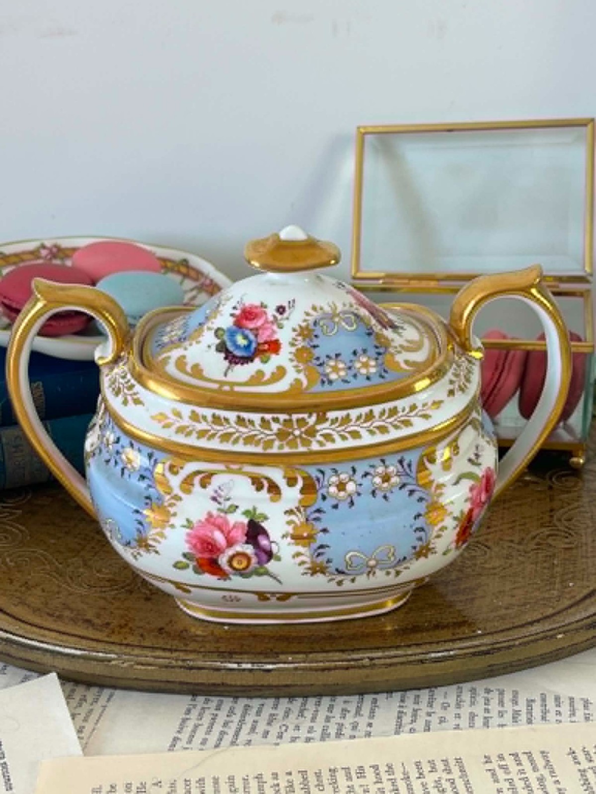 Antique Ridgwat sucrier, handpainted flowers, bows, pale blue ground c.1830
