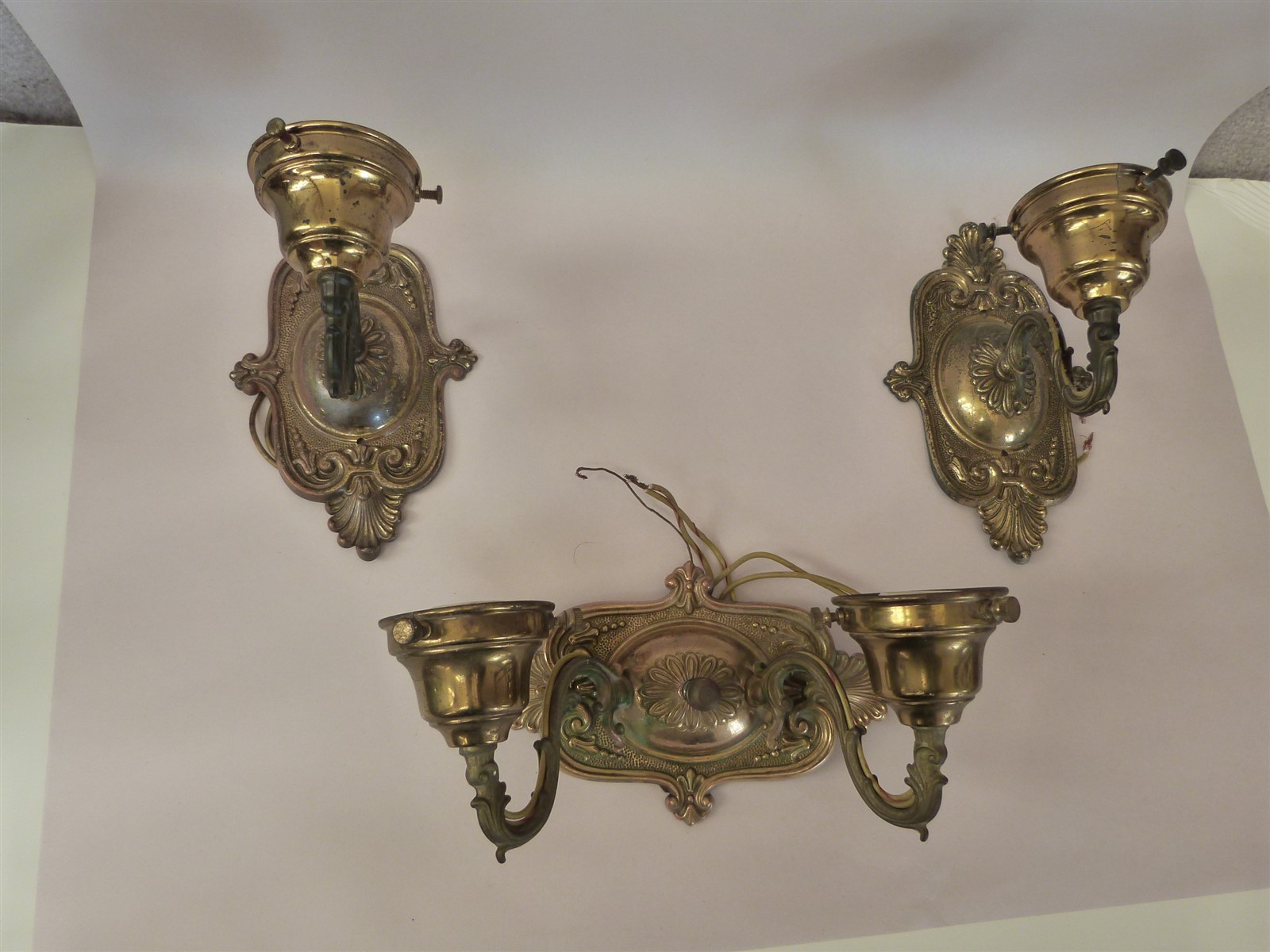 Lot of 3 VINTAGE Solid Brass Sconces Ghidini? 2 Single Light & 1 Double ORNATE