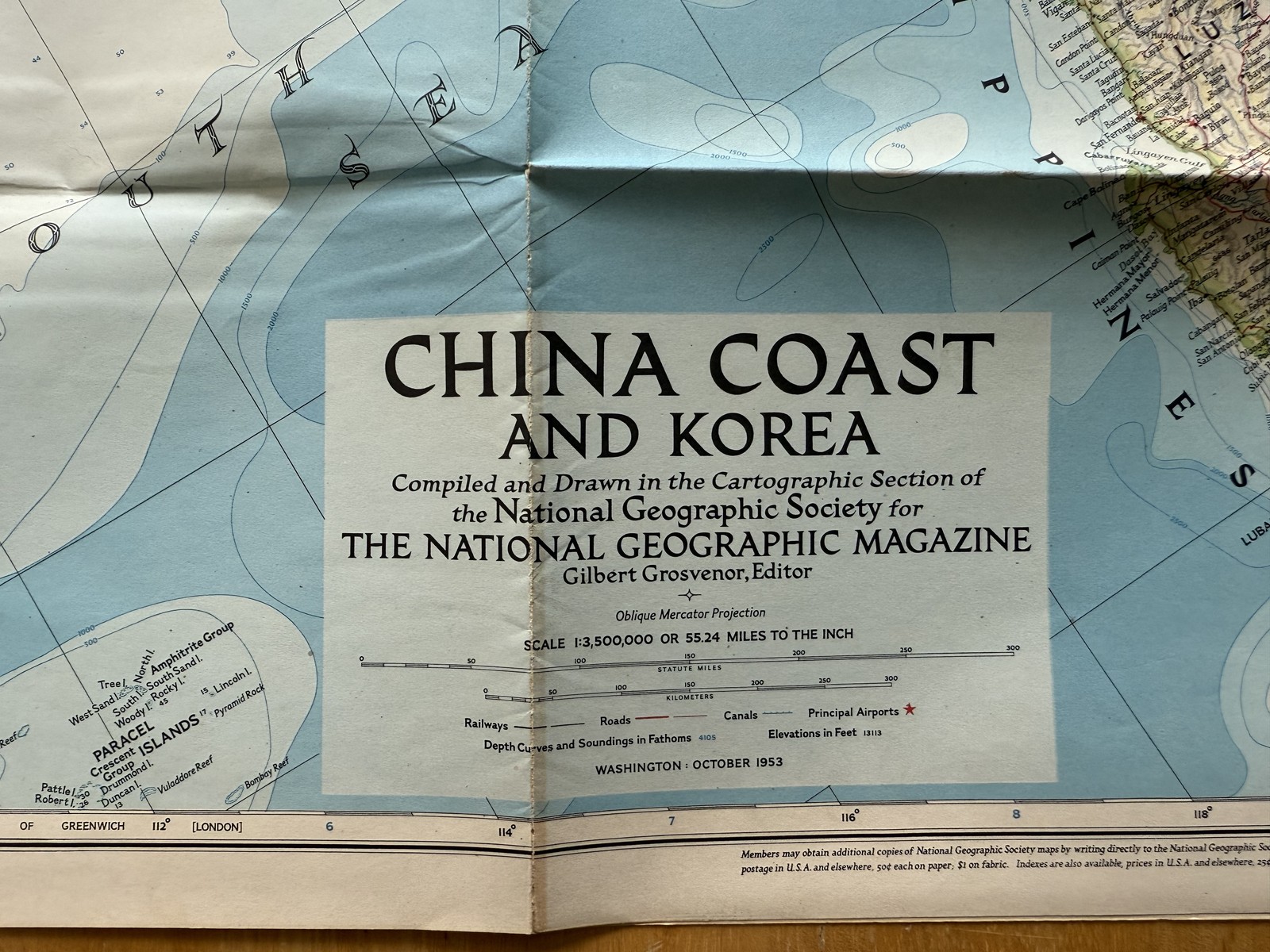 Vintage 1953 National Geographic China Coast And Korea Map Folded Asia Poster