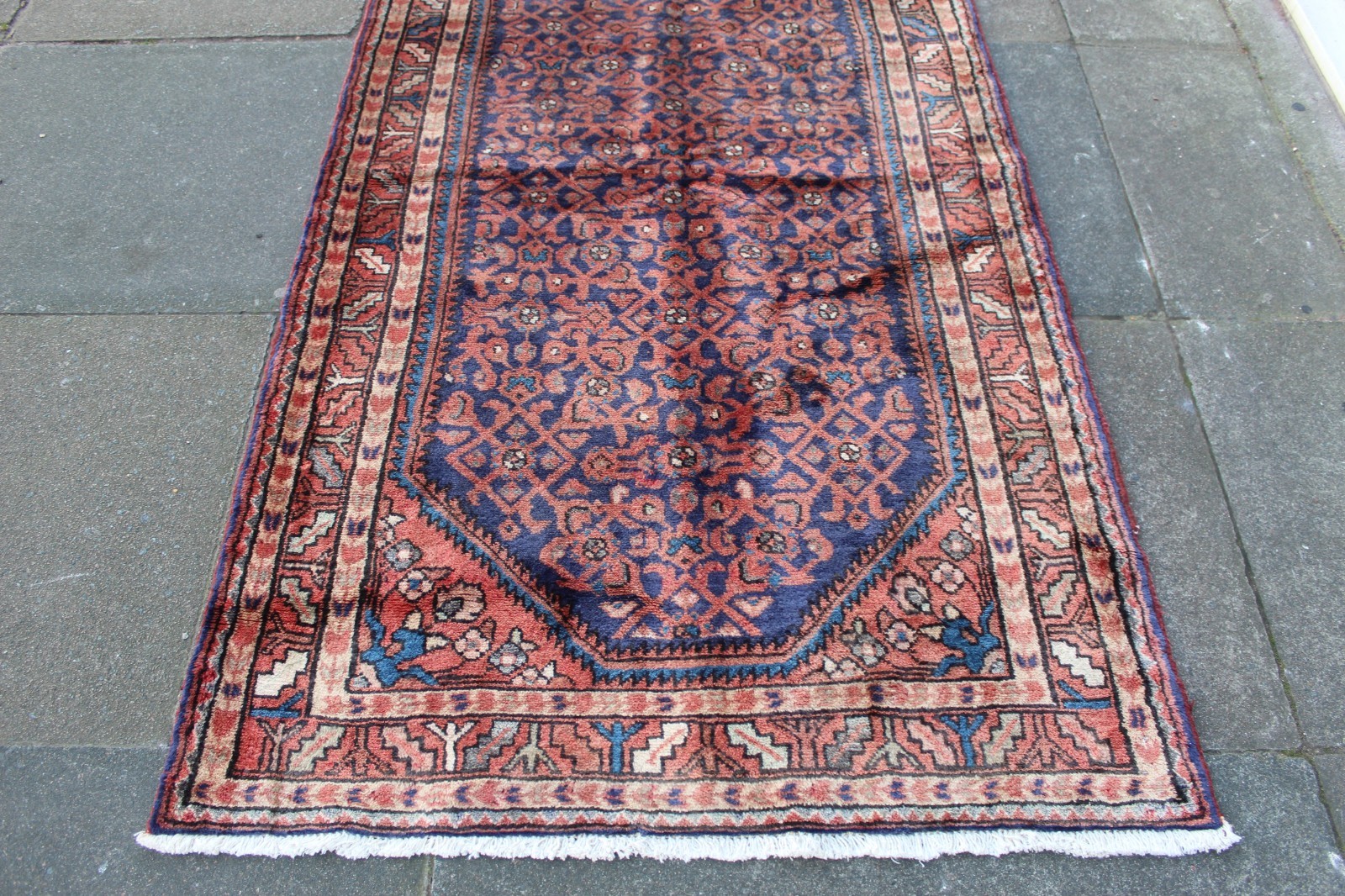 Vintage Hand Made Traditional Oriental Wool Blue Red Long Rug Runner 292x104cm