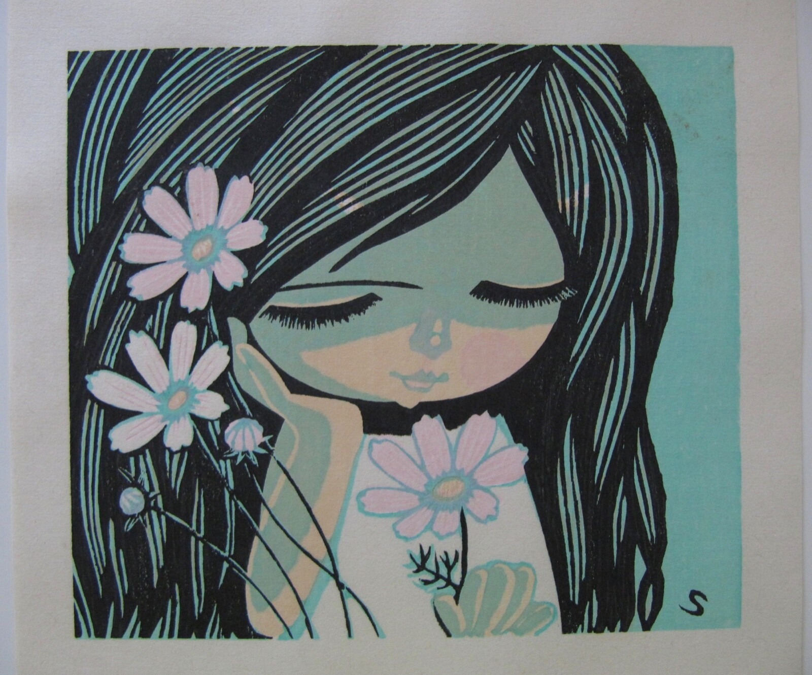 1978 calendar Japanese woodblock Sept print – Shuzo Ikeda – Girl and flowers