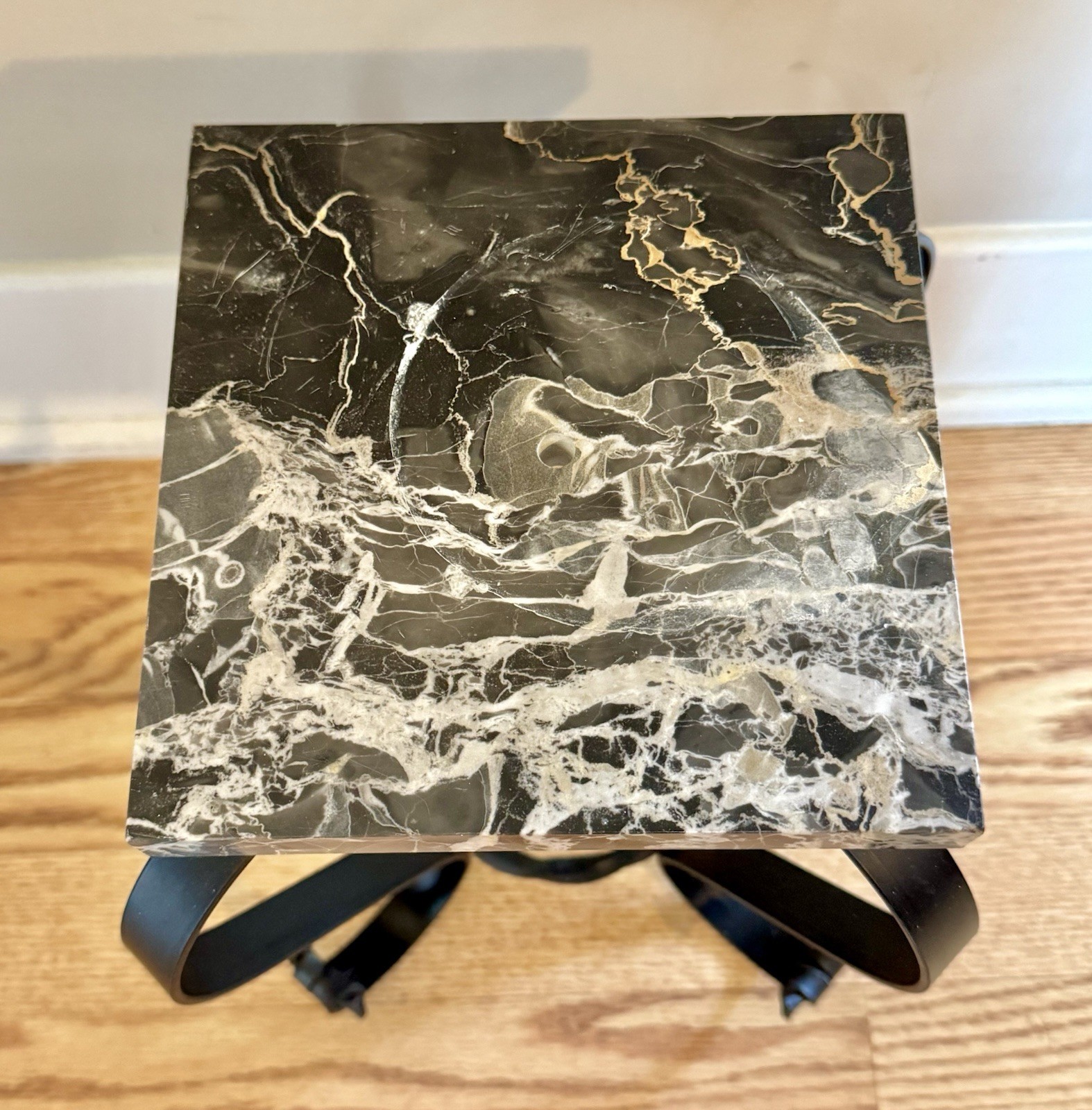 Vintage French Art Deco Iron Plant Stand Portoro Marble Top Drink Table 13.5″